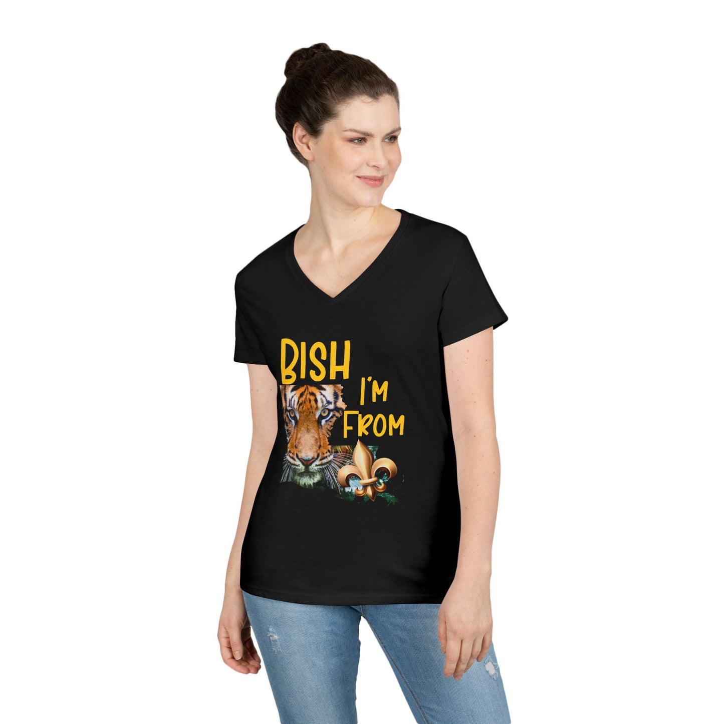 Vibrant Graphic Tee, Ladies' V-Neck T-Shirt, Fun Casual Wear, Perfect for Gifts, Everyday Style, BISH I'M FROM Louisiana