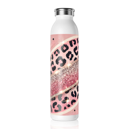Pink Glitter Leopard Slim Water Bottle, Trendy Stainless Steel, Reusable Drink Container, Great for Gym, School, Office