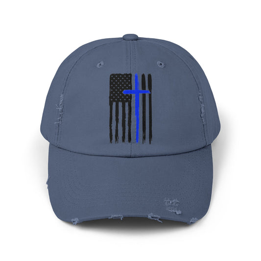Thin Blue Line, Cross, Flag, Unisex Distressed Cap, Funny Hat, Casual Gift, Everyday Wear, Cool Accessory, Adjustable Cap