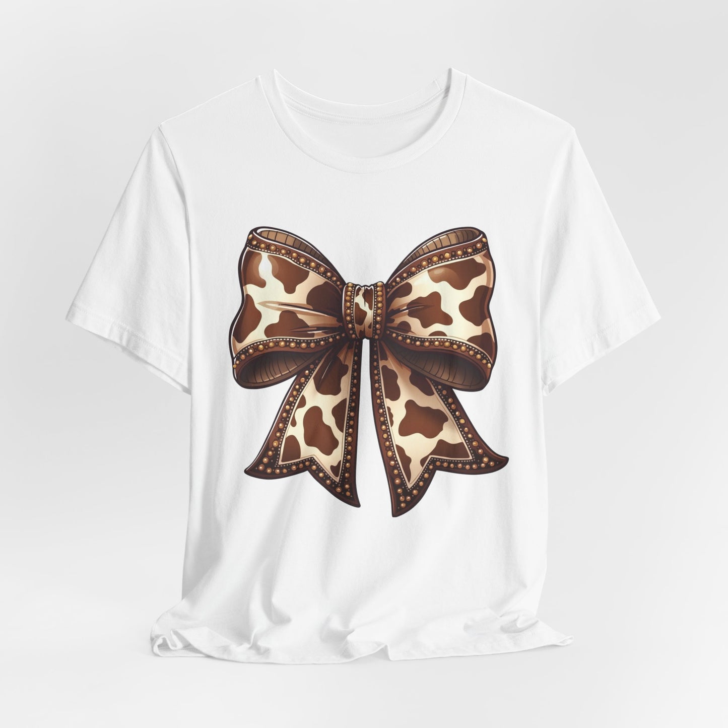 Cow Print Bow Short Sleeve Tee, Casual Top, Western Style Shirt, Country Chic T-Shirt, Birthday Gift, Everyday Wear