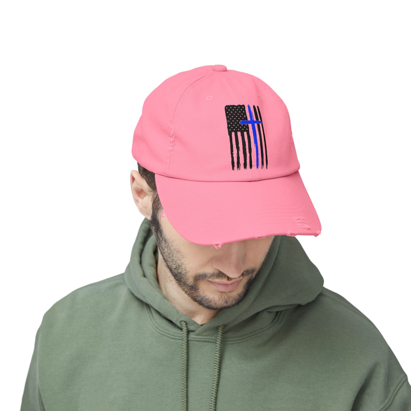 Thin Blue Line, Cross, Flag, Unisex Distressed Cap, Funny Hat, Casual Gift, Everyday Wear, Cool Accessory, Adjustable Cap