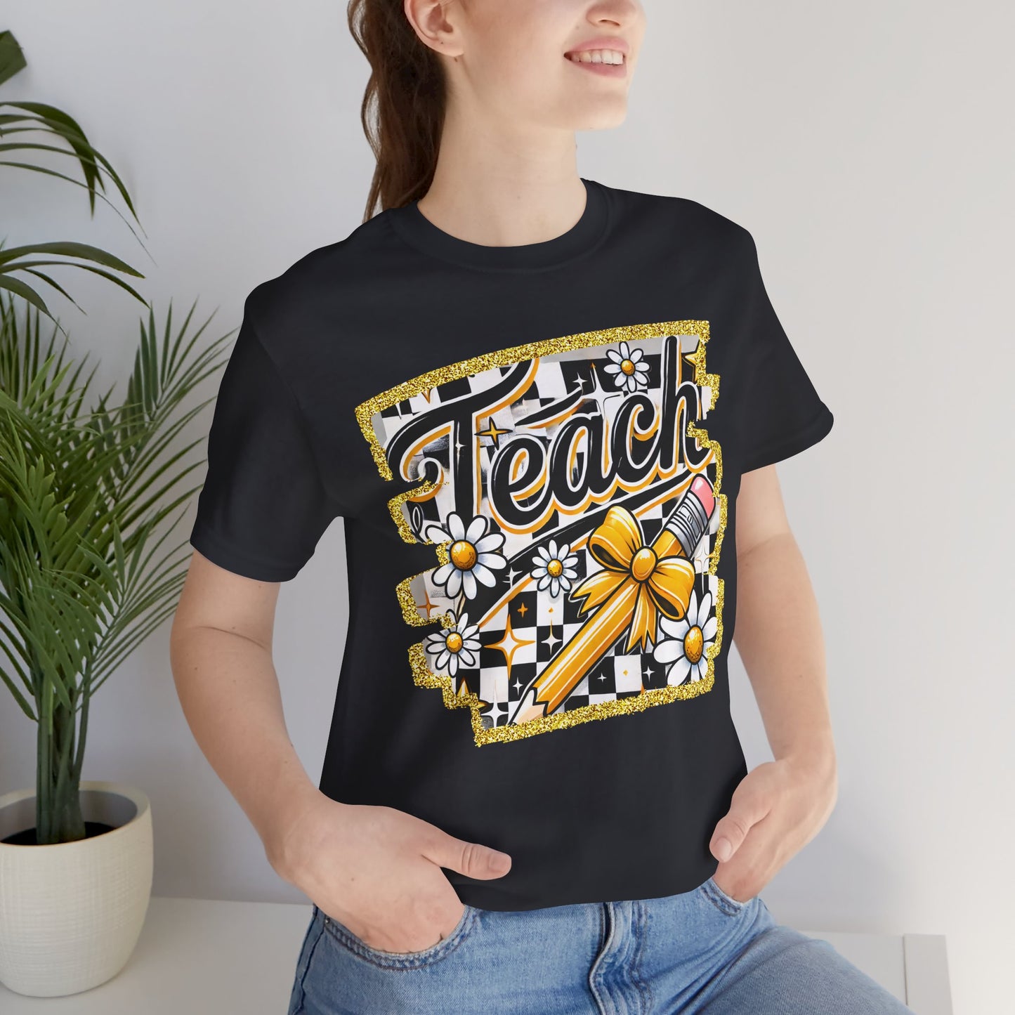 Funky Teacher Tshirt, Unisex, Bella Canvas, Back to school, apple, Black and White Checkboard