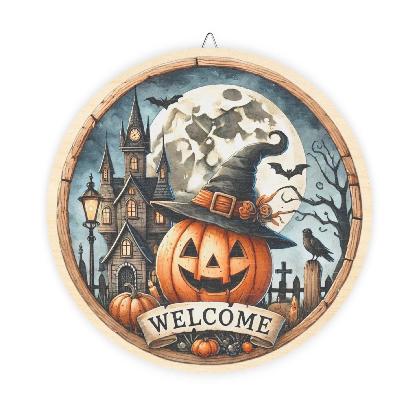 Halloween Welcome wooden door sign, mantle, entry table, decor, Pumpkin and haunted house