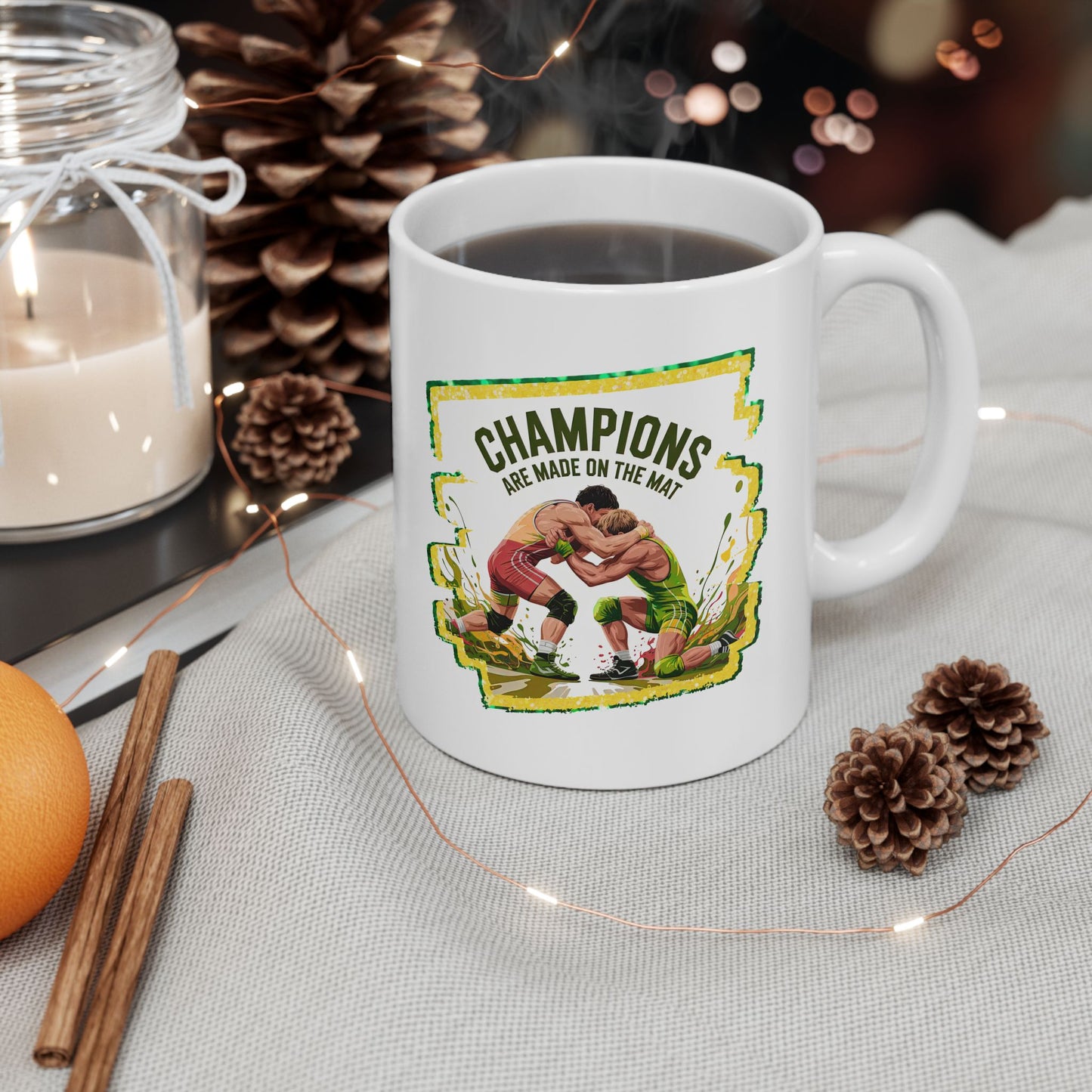 Green and Gold, Wrestling Design on a Ceramic Mug with Fun Design
