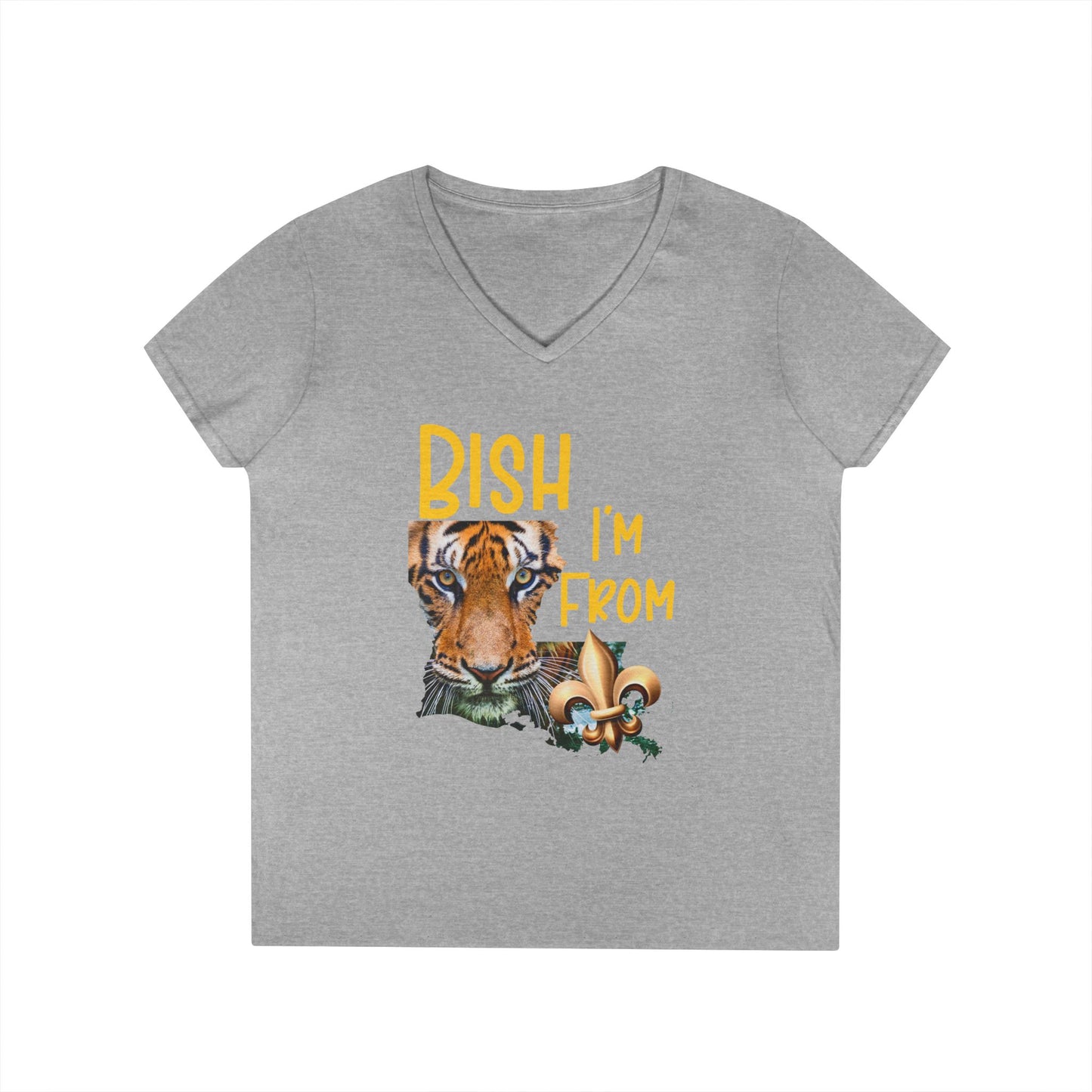 Vibrant Graphic Tee, Ladies' V-Neck T-Shirt, Fun Casual Wear, Perfect for Gifts, Everyday Style, BISH I'M FROM Louisiana