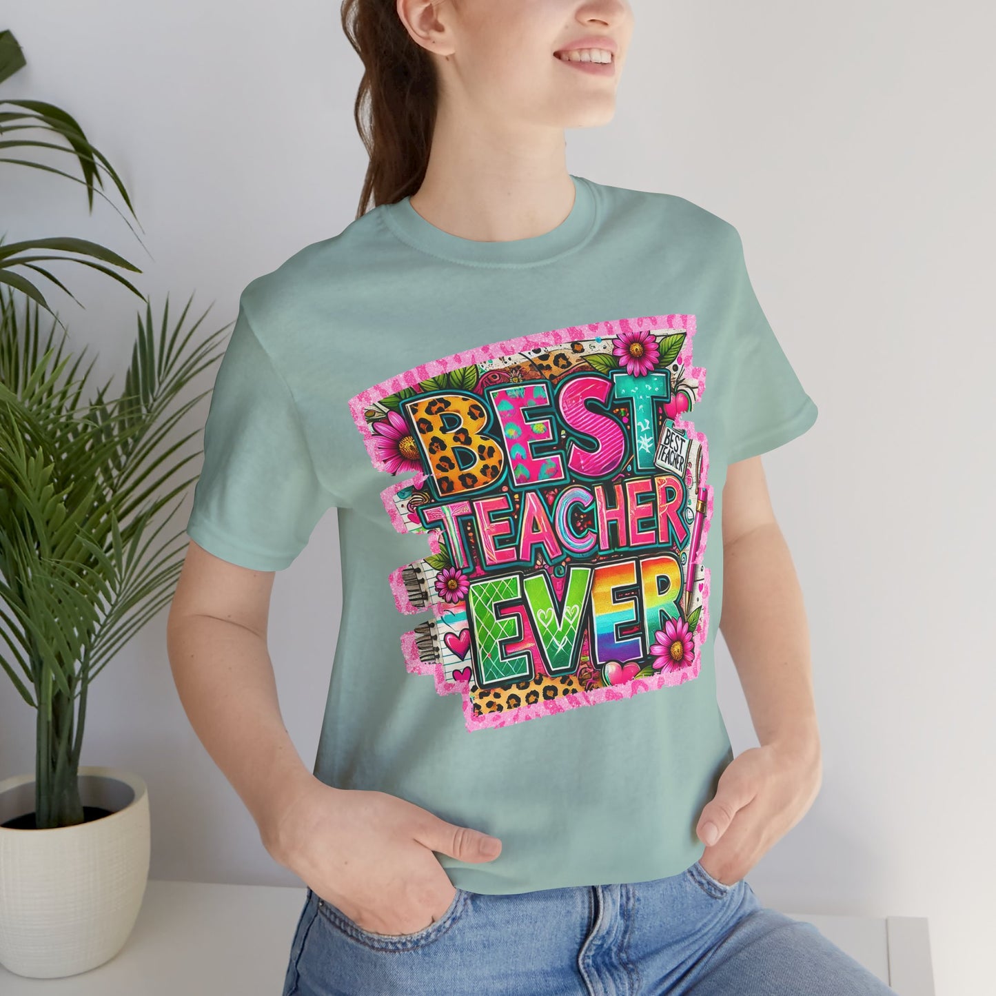Funky Best Teacher Ever Tshirt, Unisex, Bella Canvas, Back to school, apple, animal print, neons