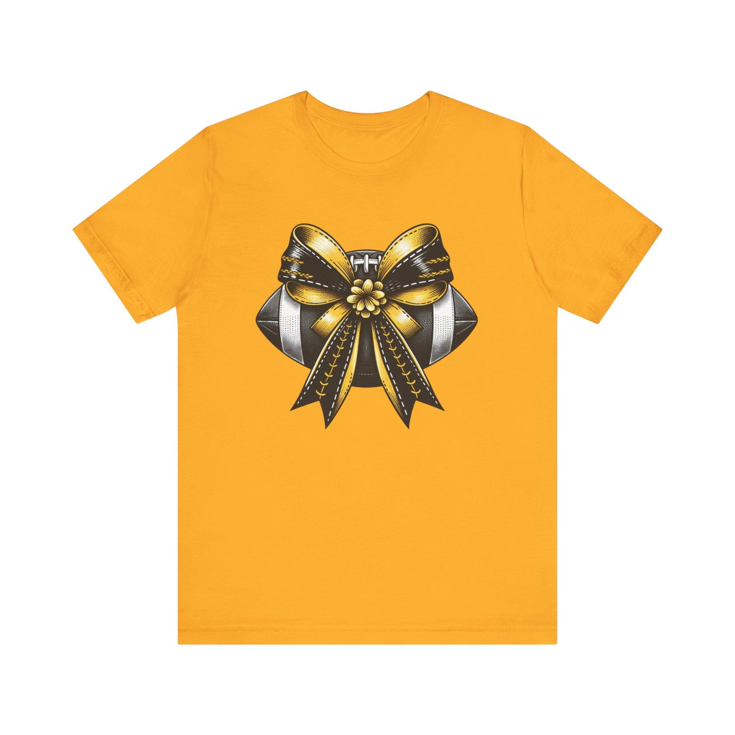 Football Bow Unisex Tee | Sporty Style Tee, Game Day T-Shirt, Casual Wear, Athletic Gift, Fan Apparel, Black and Gold, Saints
