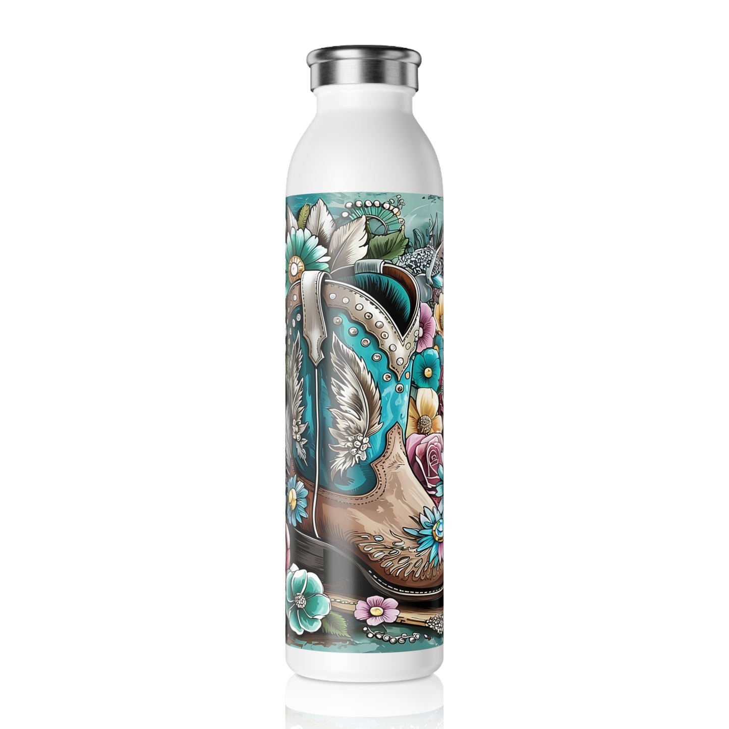 Floral Cowboy Slim Water Bottle - Western Decor, Eco-Friendly Hydration, Gift for Cowgirls, Outdoor Adventures, Unique Gym Bottle