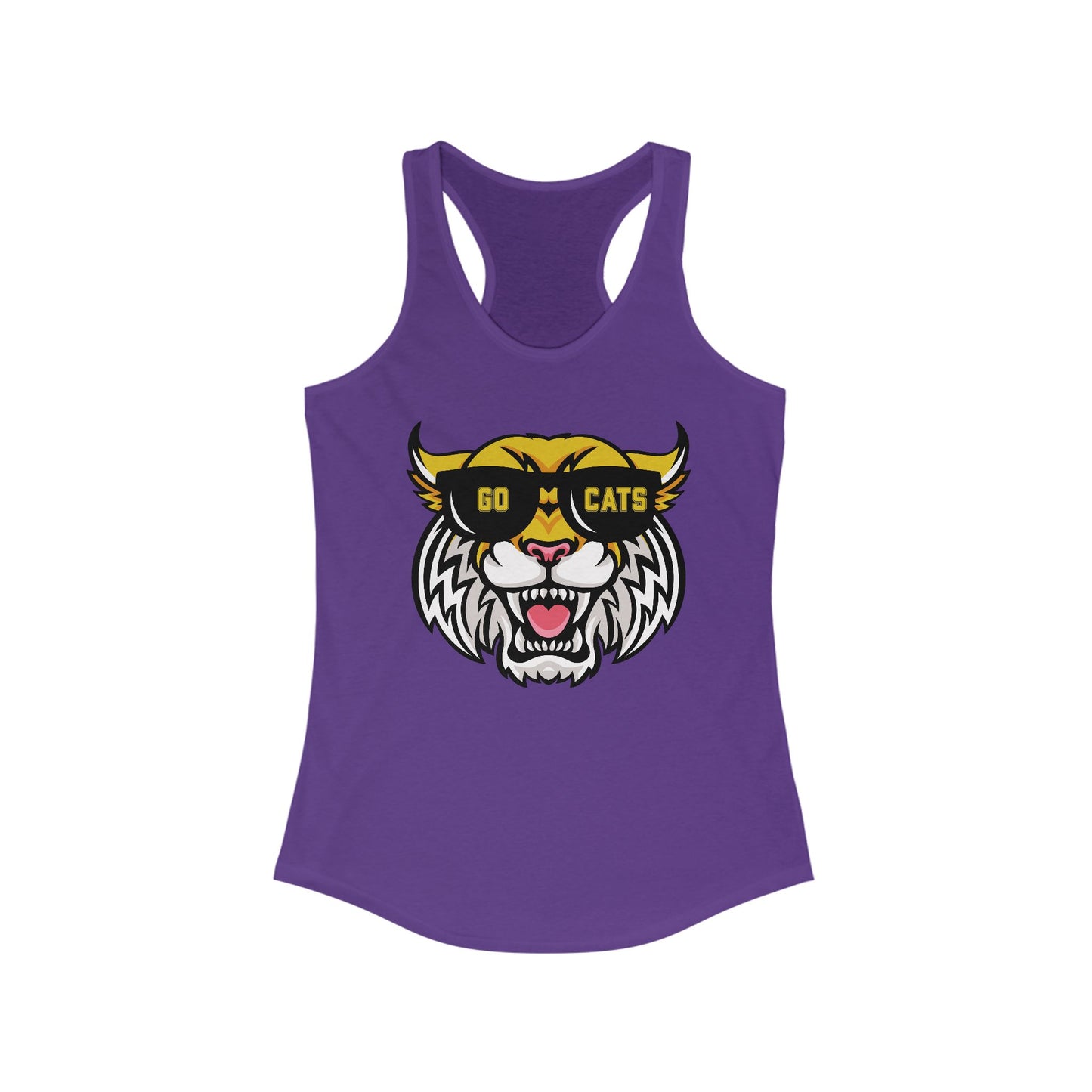 Cool Cat, Wildcat with Sunglasses Racerback Tank - Go Cats Shirt, Women's Workout Top, Summer Outerwear, Sports Fan Gear, Cute Animal Tee