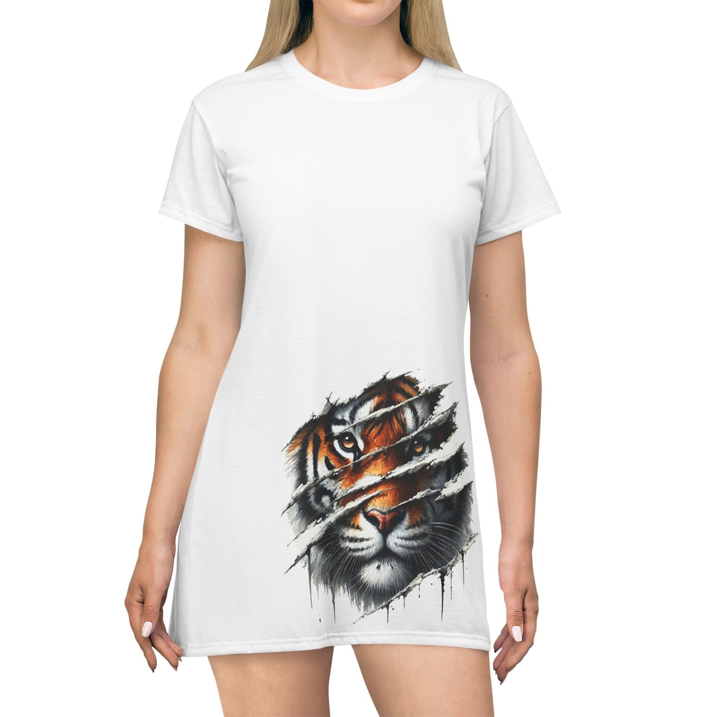 White, Tiger Head with Claw Marks T-Shirt Dress - Stylish Casual Wear for Parties, Birthdays, or Everyday Outfits, Comfortable and Fashionable