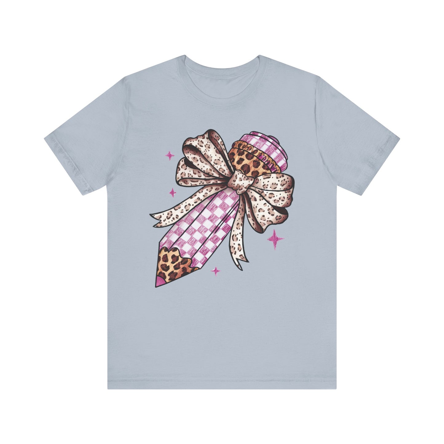 Leopard and pink checkered Bow Pencil Tee - Cute Teacher Gift, Back to School Outfit, Art Lover Shirt, Classroom Apparel, Fun Educational Shirt