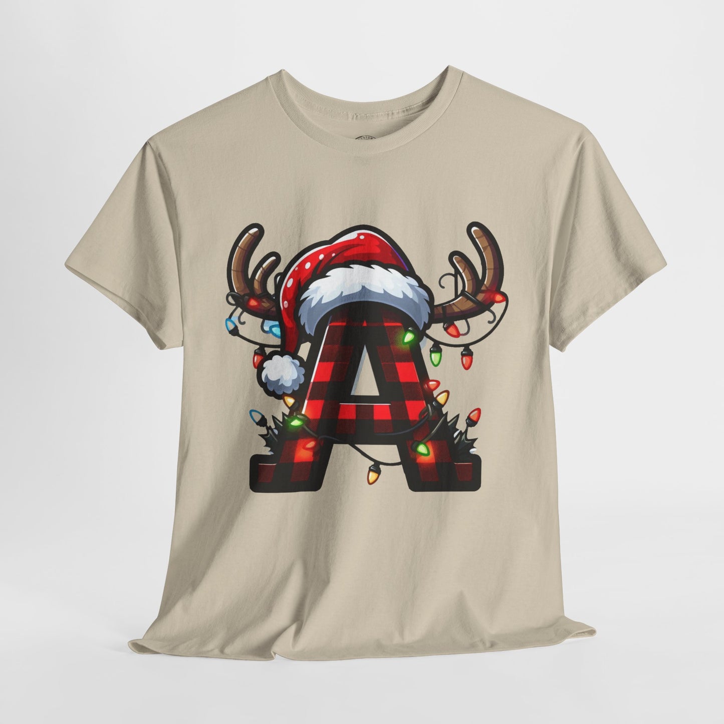 Festive Reindeer Initial A Tee, Unisex Holiday T-Shirt, Christmas Gift, Personalized Apparel, Cozy Winter Wear, Merry & Bright