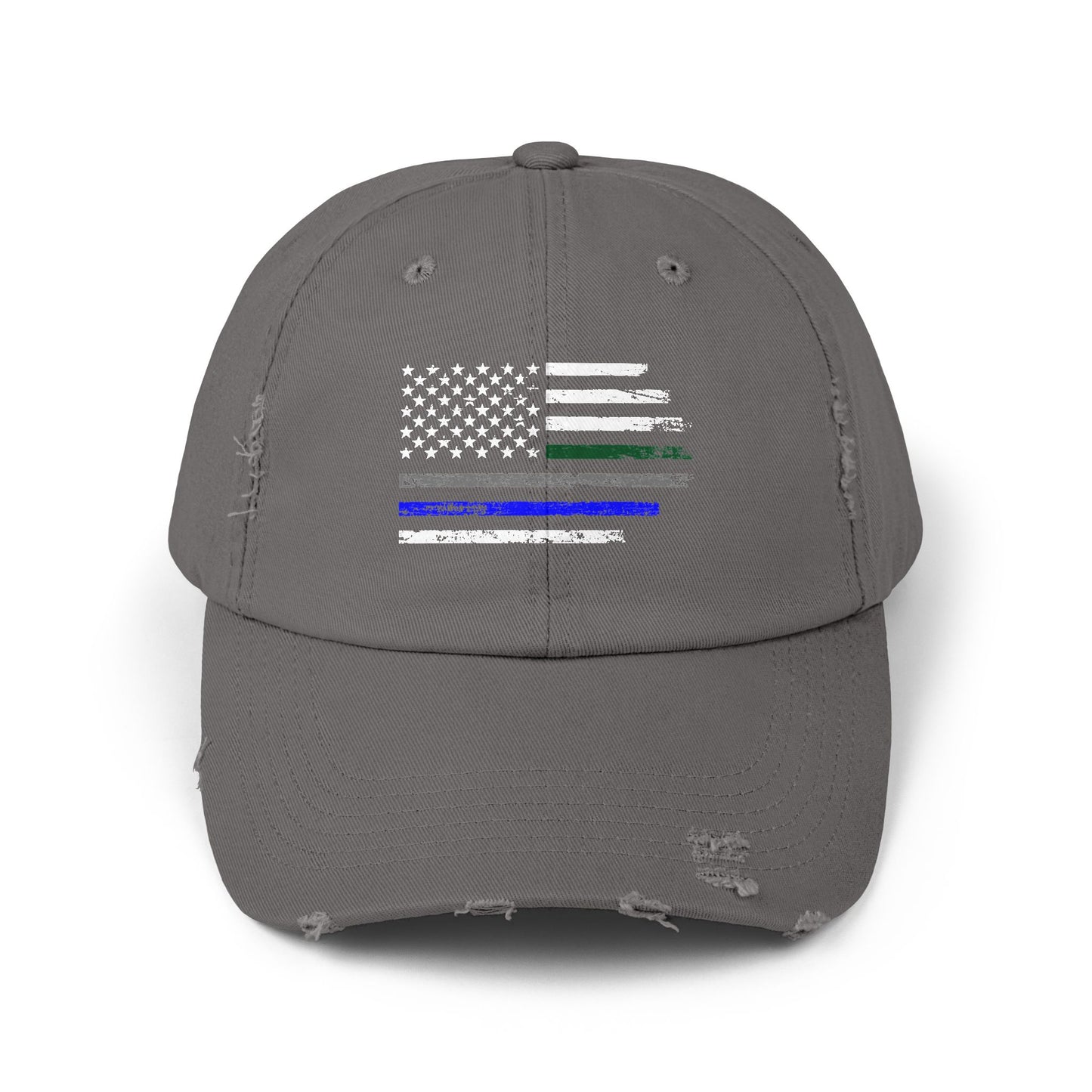 Thin Blue and Thin green Flag, Unisex Distressed Cap, Law Enforcement, Military, hat