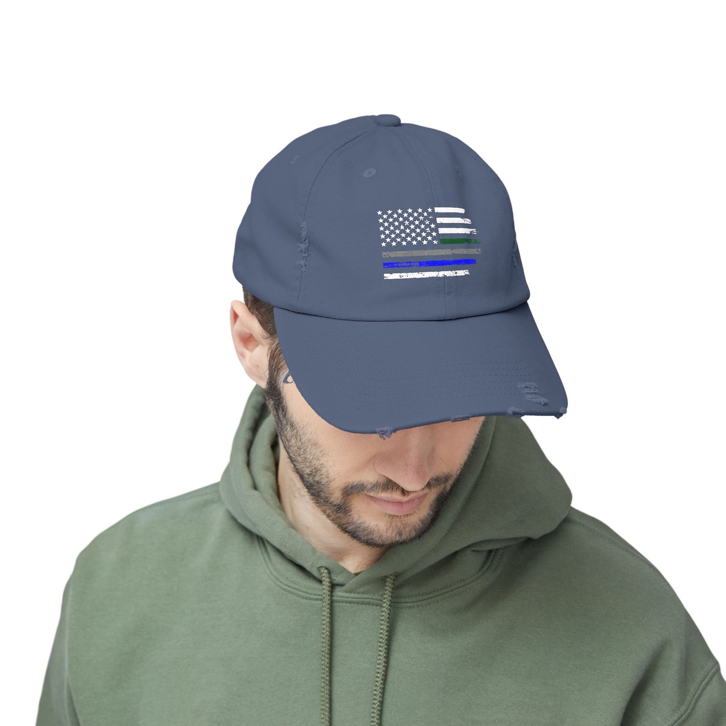 Thin Blue and Thin green Flag, Unisex Distressed Cap, Law Enforcement, Military, hat