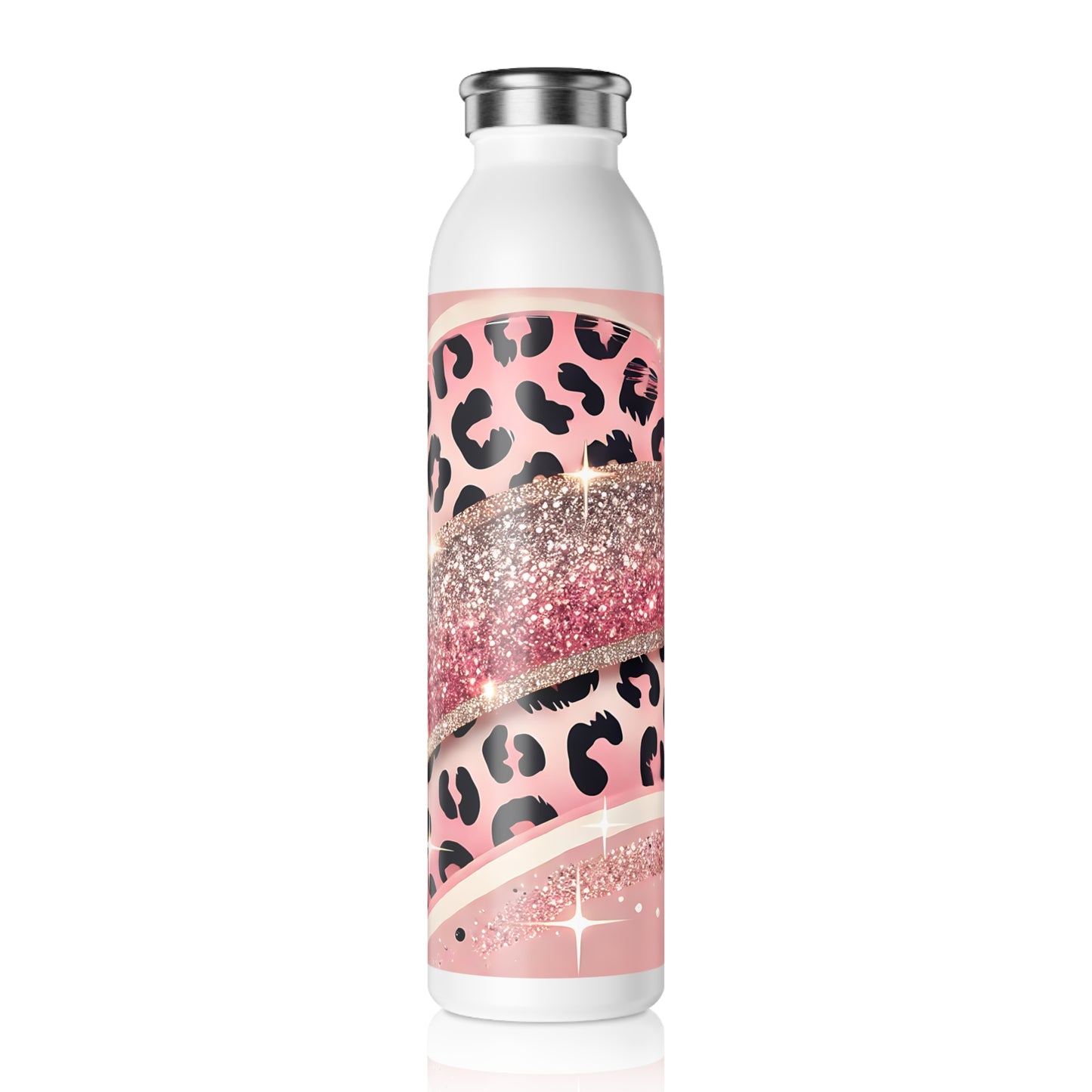 Pink Glitter Leopard Slim Water Bottle, Trendy Stainless Steel, Reusable Drink Container, Great for Gym, School, Office