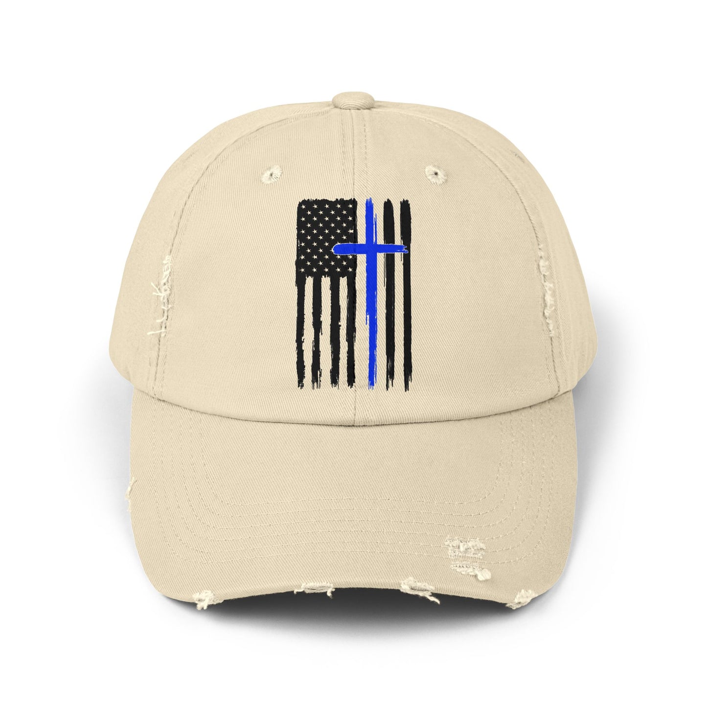 Thin Blue Line, Cross, Flag, Unisex Distressed Cap, Funny Hat, Casual Gift, Everyday Wear, Cool Accessory, Adjustable Cap