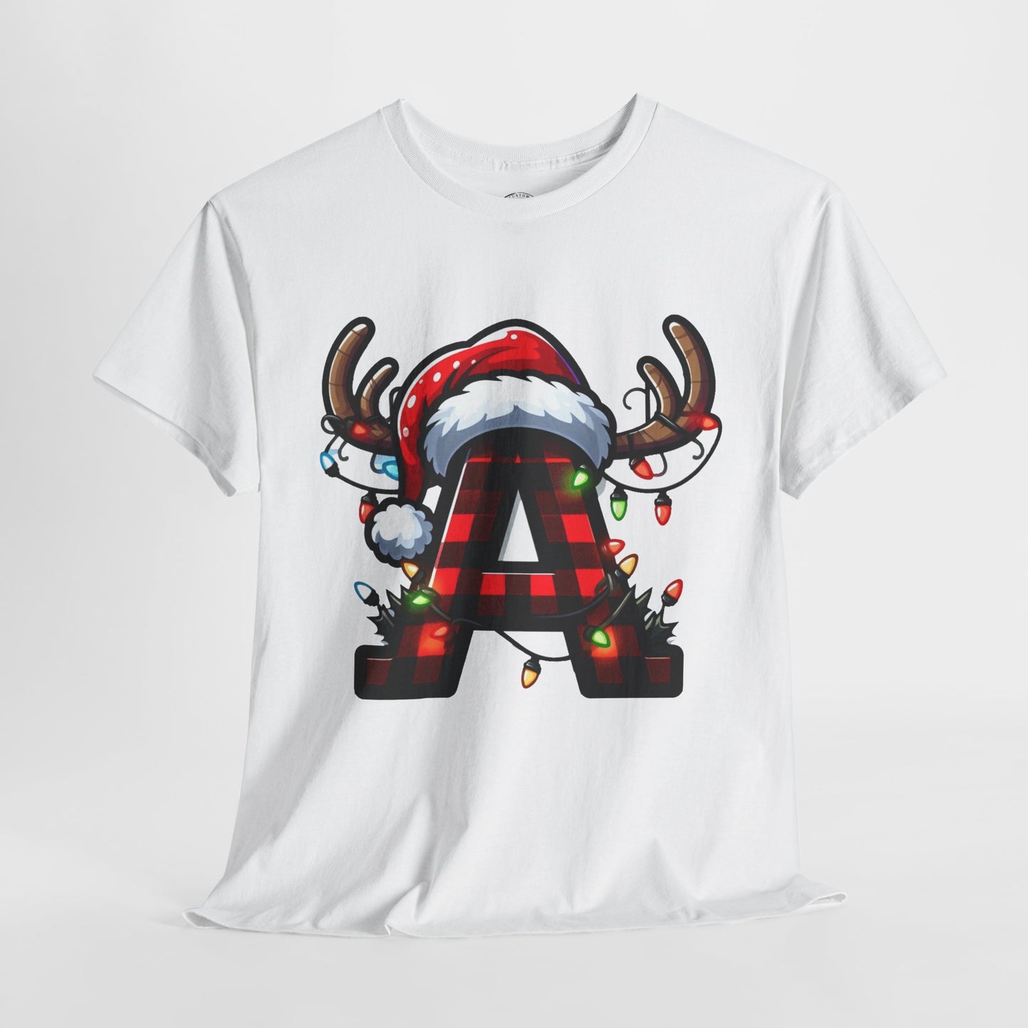 Festive Reindeer Initial A Tee, Unisex Holiday T-Shirt, Christmas Gift, Personalized Apparel, Cozy Winter Wear, Merry & Bright