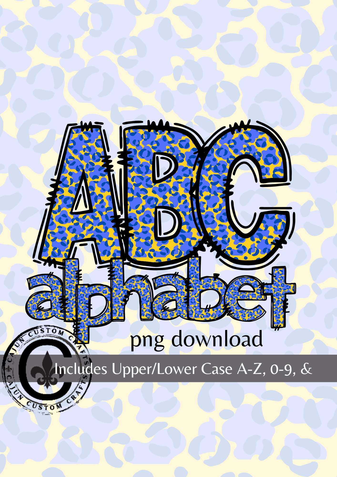 Blue and Yellow leopard print alphabet, upper and lowercase, 0-9