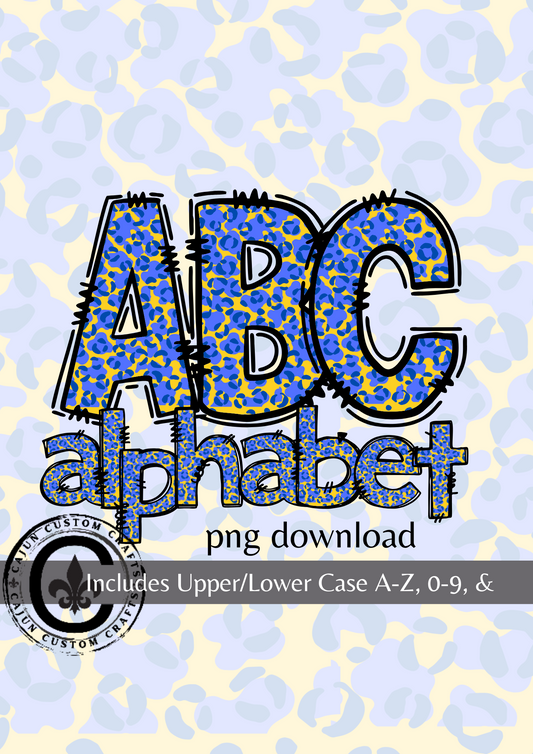Blue and Yellow leopard print alphabet, upper and lowercase, 0-9
