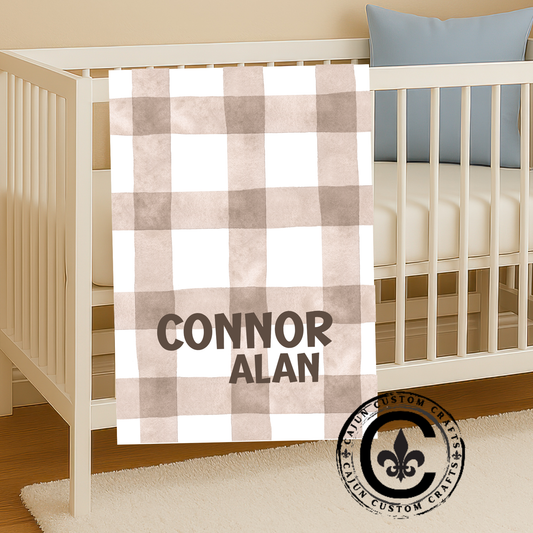 Personalized Velveteen Plush Blanket, Newborn, Baby, Nursery, Infant, Shower Gift, Hospital Blanket, Brown Plaid