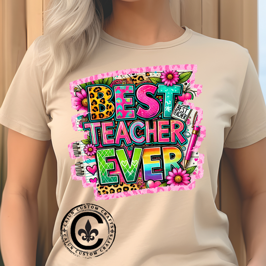 Funky  Best Teacher Ever Tshirt, Unisex, Bella Canvas, Back to school, apple, animal print, neons