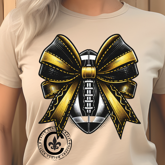 Football Bow Unisex Tee | Sporty Style Tee, Game Day T-Shirt, Casual Wear, Athletic Gift, Fan Apparel, Black and Gold, Saints