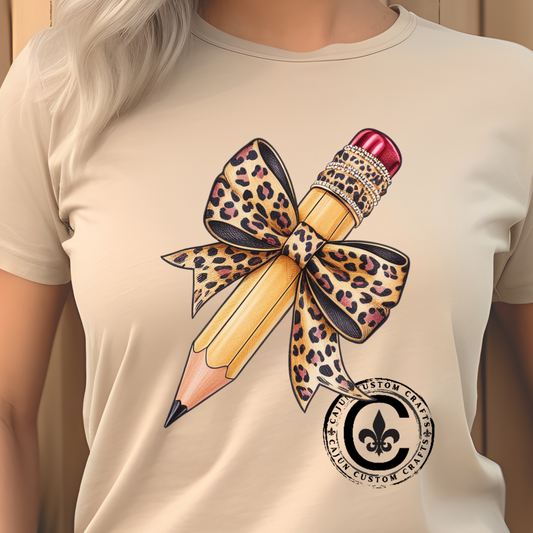 Leopard Bow Pencil Tee - Cute Teacher Gift, Back to School Outfit, Art Lover Shirt, Classroom Apparel, Fun Educational Shirt