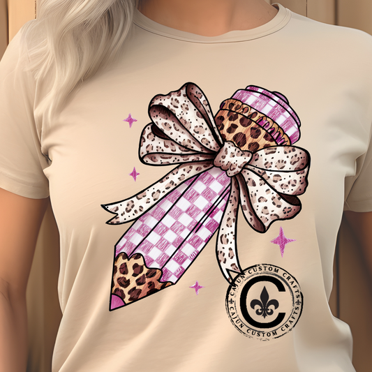 Leopard and pink checkered Bow Pencil Tee - Cute Teacher Gift, Back to School Outfit, Art Lover Shirt, Classroom Apparel, Fun Educational Shirt