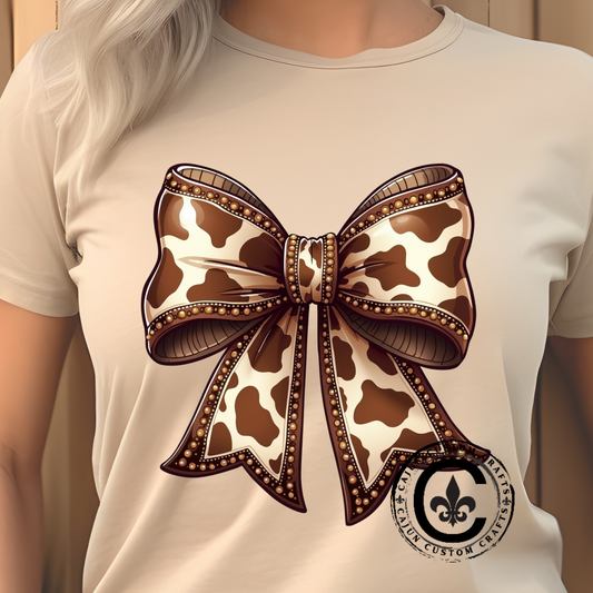 Cow Print Bow Short Sleeve Tee, Casual Top, Western Style Shirt, Country Chic T-Shirt, Birthday Gift, Everyday Wear