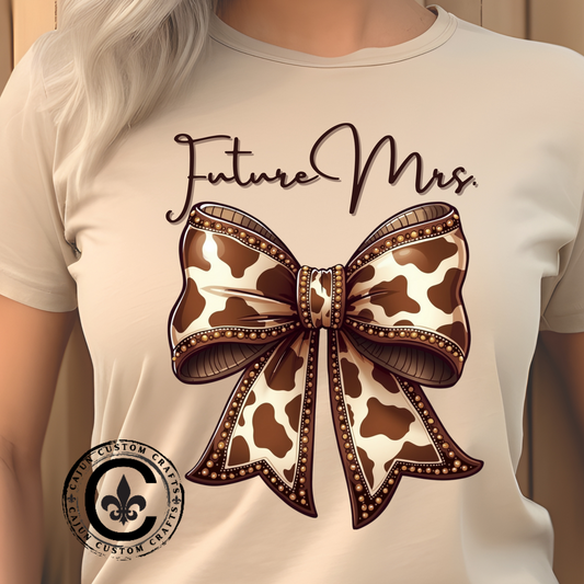 Personalized Future Mrs. Bride Cow Print Bow Short Sleeve Tee, Casual Top, Western Style Shirt, Country Chic T-Shirt, Birthday Gift, Everyday Wear