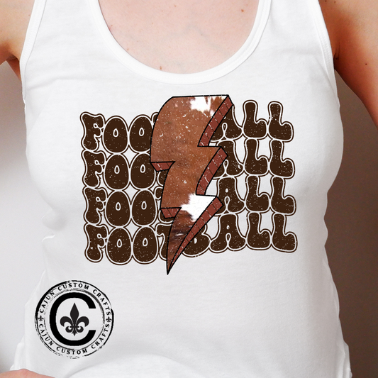 Stacked Football with a Cowhide Lightning bolt Women's Racerback Tank Top, Perfect for Game Day, Sports Events, Tailgating, and Everyday Wear