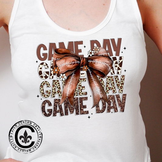 Game Day, Stacked, Football bow Women's Racerback Tank Top, Perfect for Game Day, Sports Events, Tailgating, and Everyday Wear