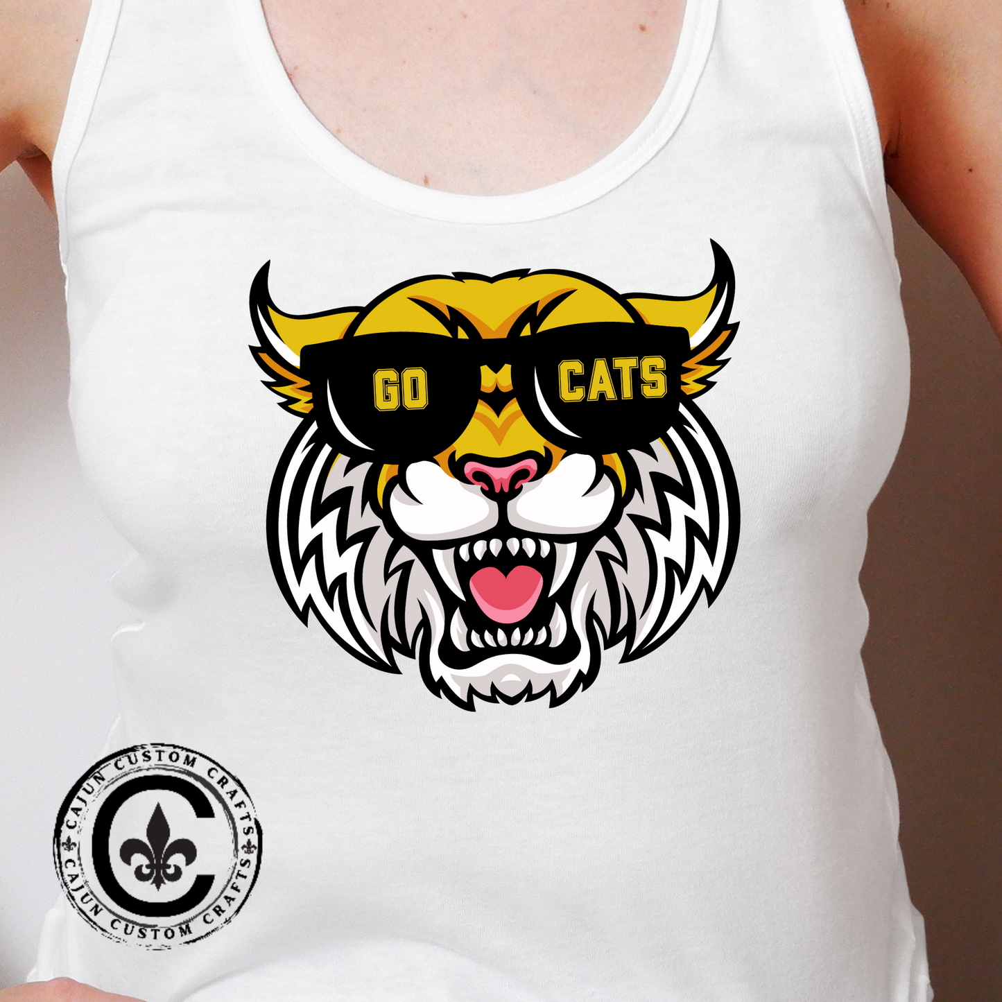 Cool Cat, Wildcat with Sunglasses Racerback Tank - Go Cats Shirt, Women's Workout Top, Summer Outerwear, Sports Fan Gear, Cute Animal Tee