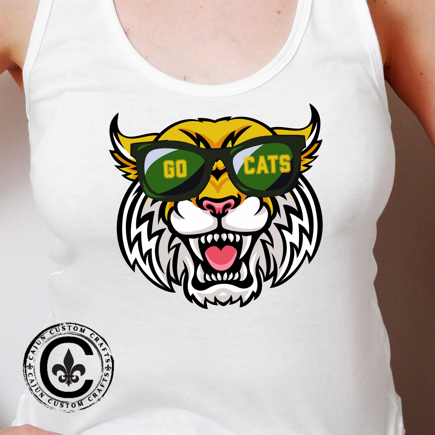 Cool Cat, Wildcat with Sunglasses Racerback Tank - Go Cats Shirt, Women's Workout Top, Summer Outerwear, Sports Fan Gear, Cute Animal Tee