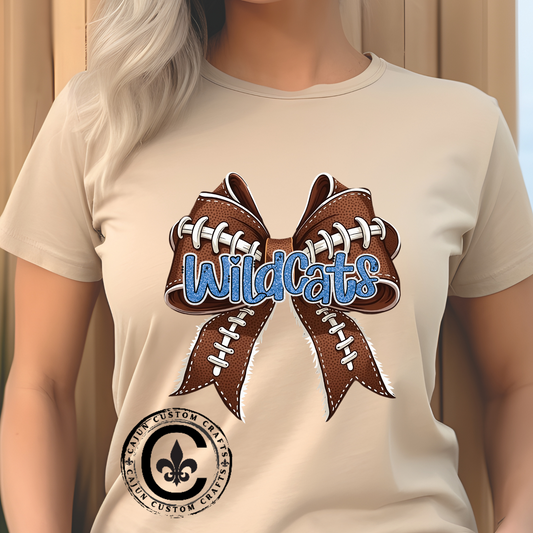 Blue Glitter Wildcats Football Bow, Unisex Tee, Cute Cotton Shirt, School Spirit Apparel,