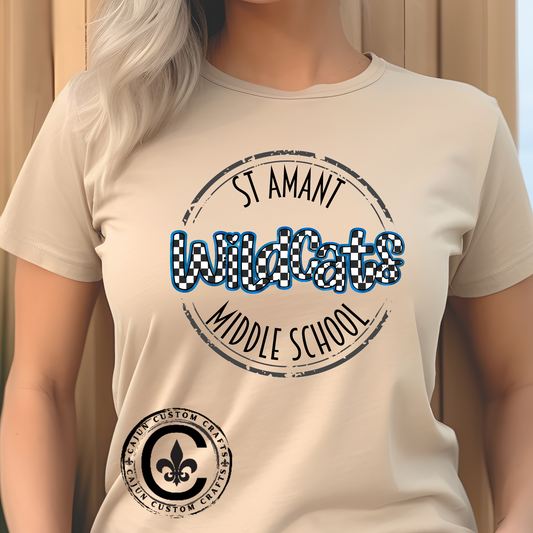 SAMS Wildcats with a black checkered style, Whimsical on a Unisex Tshirt, St Amant Middle School