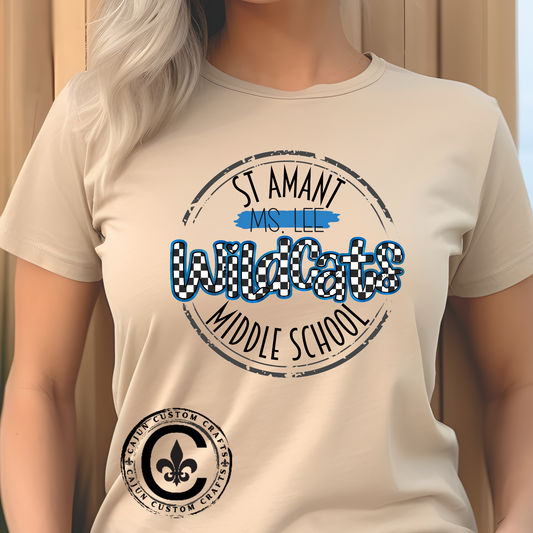 Personalized SAMS Wildcats with a black checkered style, Whimsical on a Unisex Tshirt, St Amant Middle School