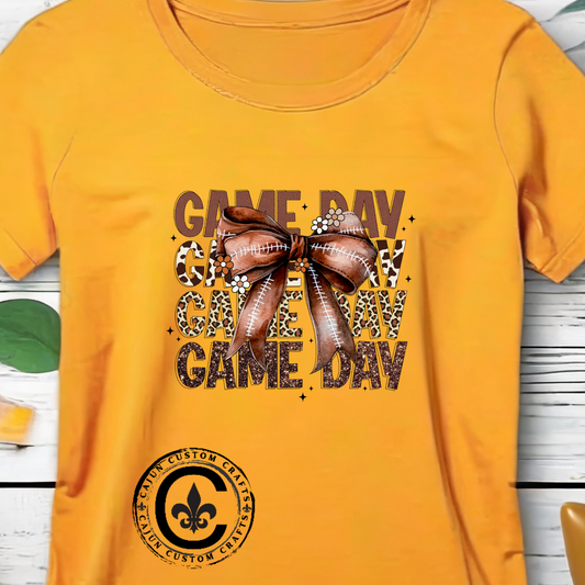 LSU Gold Day, Game Day with a Bow Football Tee, Cute Football T-Shirt, Gift for Sports Lovers, Unique Football Apparel, Casual Everyday Wear