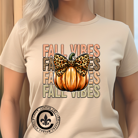 Fall Vibes Unisex Cotton Tee, Autumn Shirt, Pumpkin Graphic Tee, Halloween Apparel, Cozy Fall T-Shirt, Seasonal Outfit, leopard bow