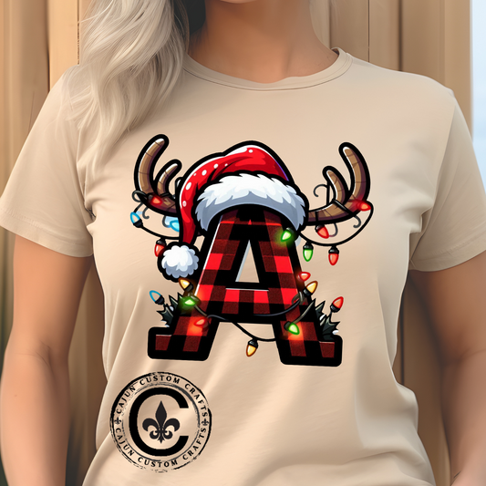 Festive Reindeer Initial A Tee, Unisex Holiday T-Shirt, Christmas Gift, Personalized Apparel, Cozy Winter Wear, Merry & Bright