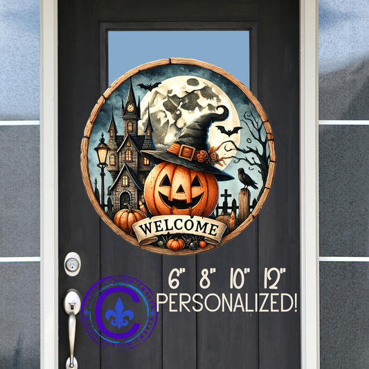 Halloween Welcome wooden door sign, mantle, entry table, decor, Pumpkin and haunted house