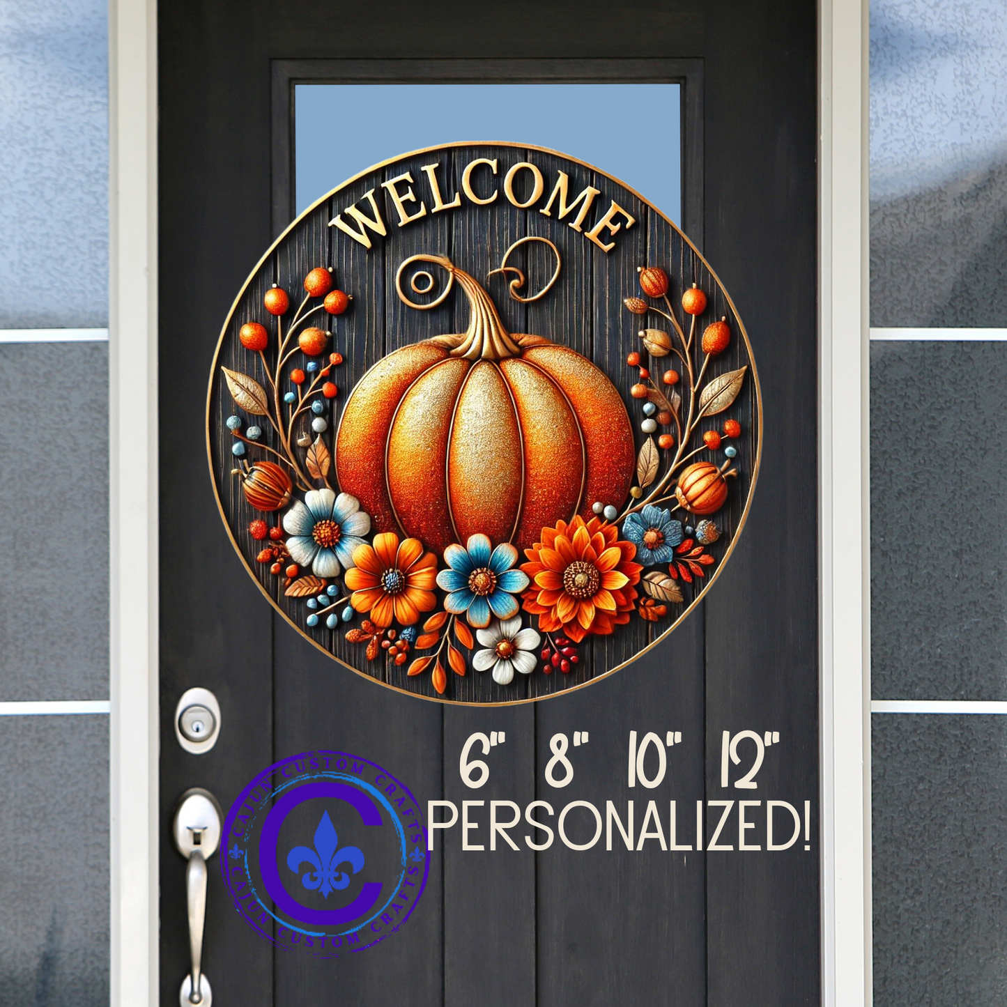 Fall, Welcome Wooden door sign, home decor, entry way, mantle decor, 3d looking pumpkin and flowers
