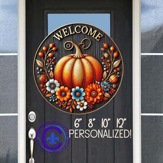 Fall, Welcome Wooden door sign, home decor, entry way, mantle decor, 3d looking pumpkin and flowers
