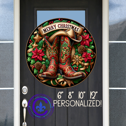 Cowboy Boots, Hat, Merry Christmas Wooden Door Sign, Welcome Sign, Entry decor, mantle decor, Country