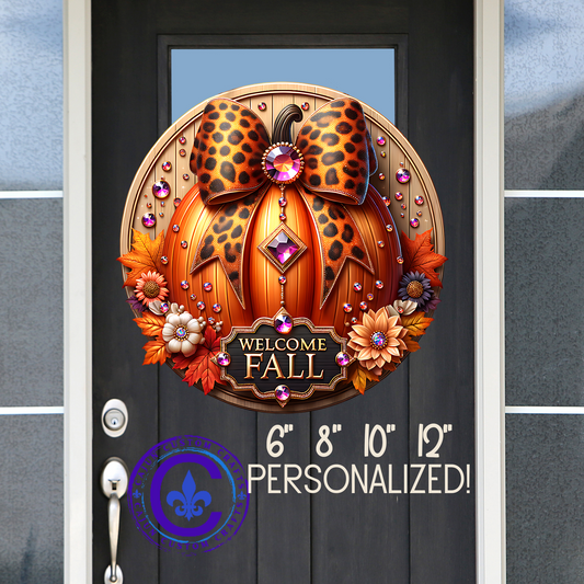 Fall, Welcome Wooden door sign, home decor, entry way, mantle decor, Pumpkin, Crystals, Leopard Coquette Bow, Fall Flowers, 3d looking