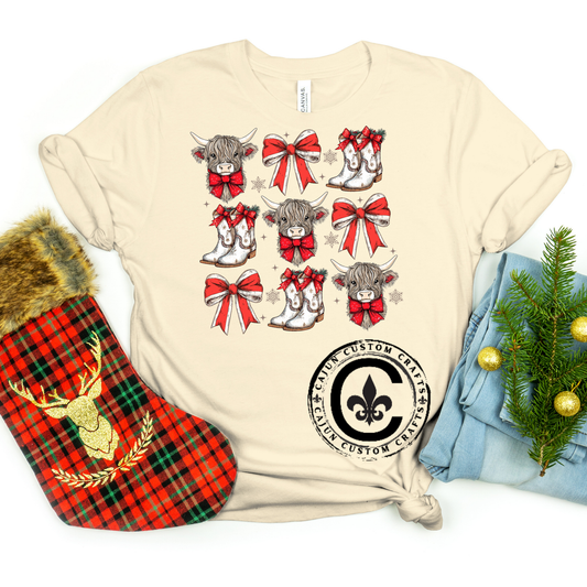 Country Christmas, Hiland cow, boots, bows, bella canvas tshirt