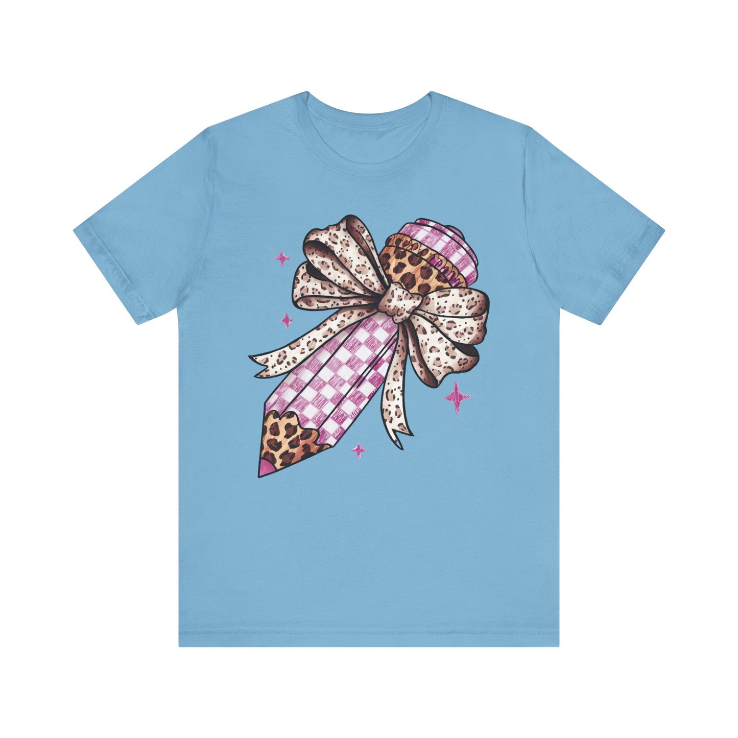 Leopard and pink checkered Bow Pencil Tee - Cute Teacher Gift, Back to School Outfit, Art Lover Shirt, Classroom Apparel, Fun Educational Shirt