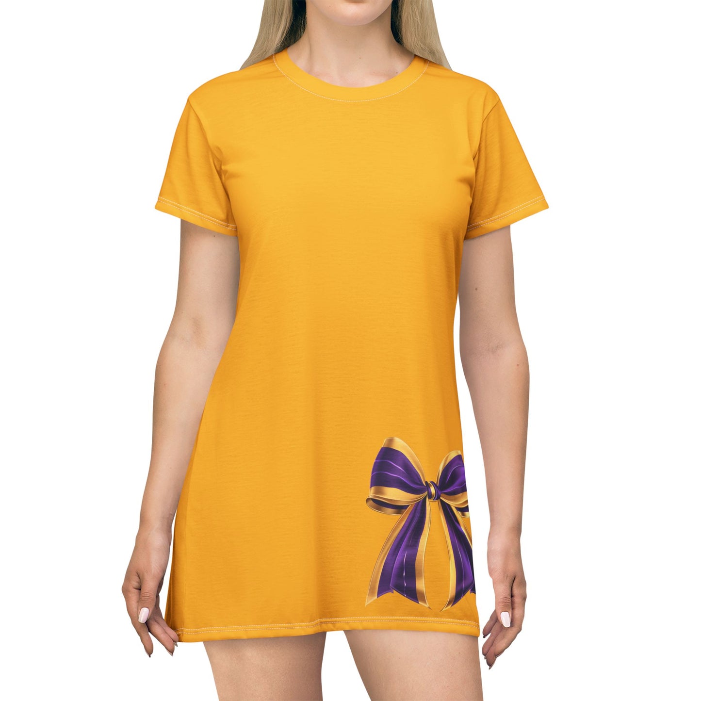 Gold Dress, Purple and Gold Elegant Bow T-Shirt Dress - Stylish Casual Wear for Parties, Birthdays, or Everyday Outfits, Comfortable and Fashionable