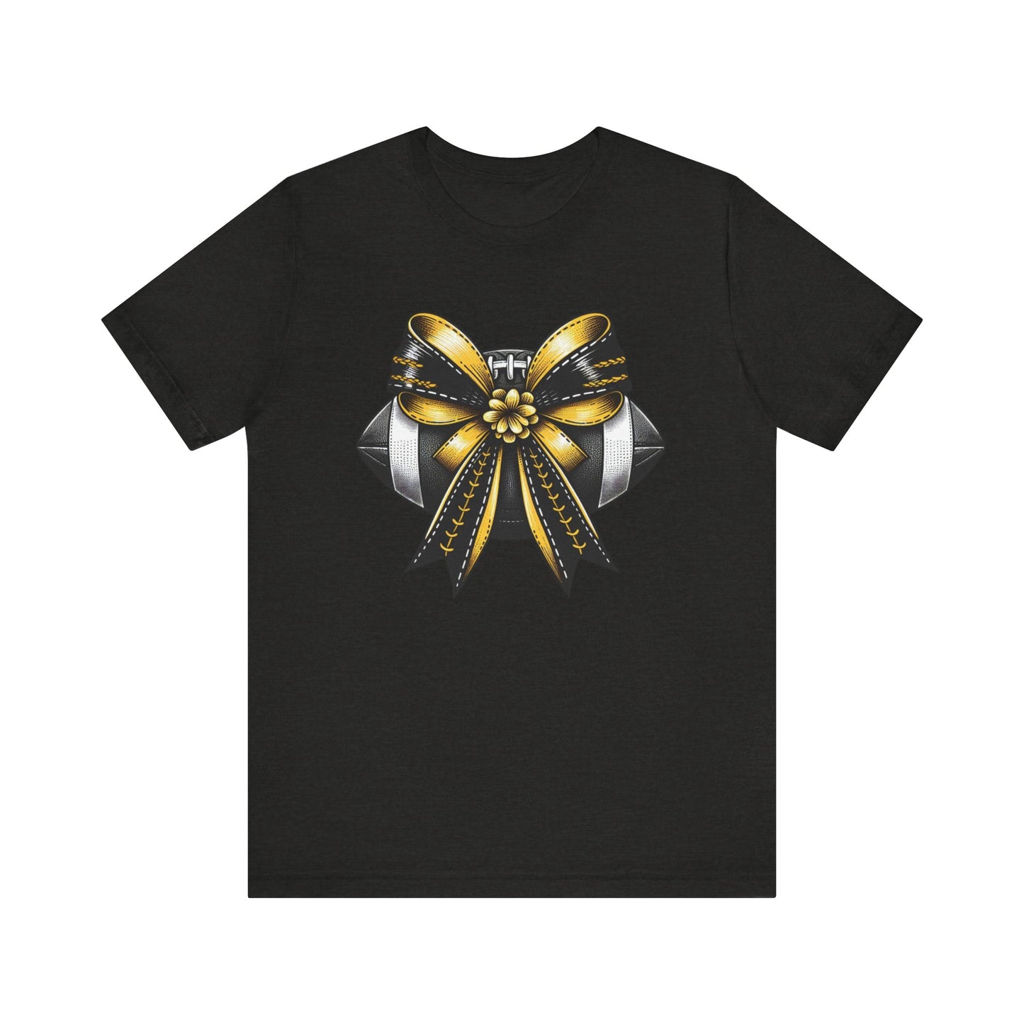 Football Bow Unisex Tee | Sporty Style Tee, Game Day T-Shirt, Casual Wear, Athletic Gift, Fan Apparel, Black and Gold, Saints