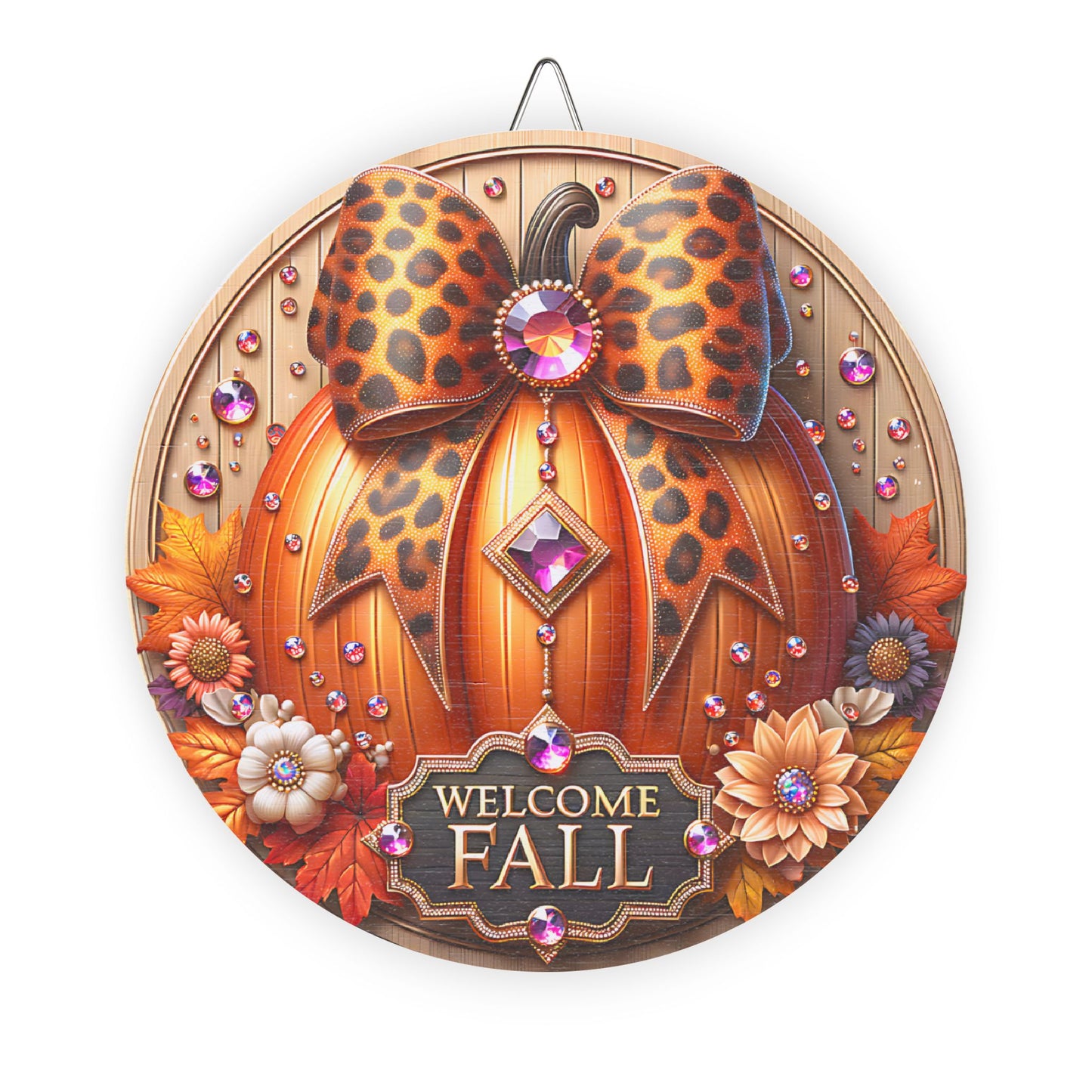 Fall, Welcome Wooden door sign, home decor, entry way, mantle decor, Pumpkin, Crystals, Leopard Coquette Bow, Fall Flowers, 3d looking